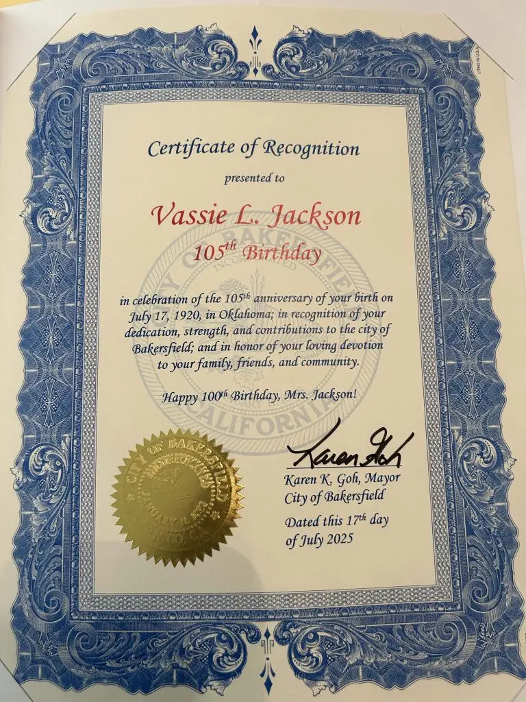 A birthday greeting and special recognition certificate from the Bakersfield City Mayor, Karen Goh on Mrs. Jackson's 105th birthday in 2025 (Courtesy Photo)