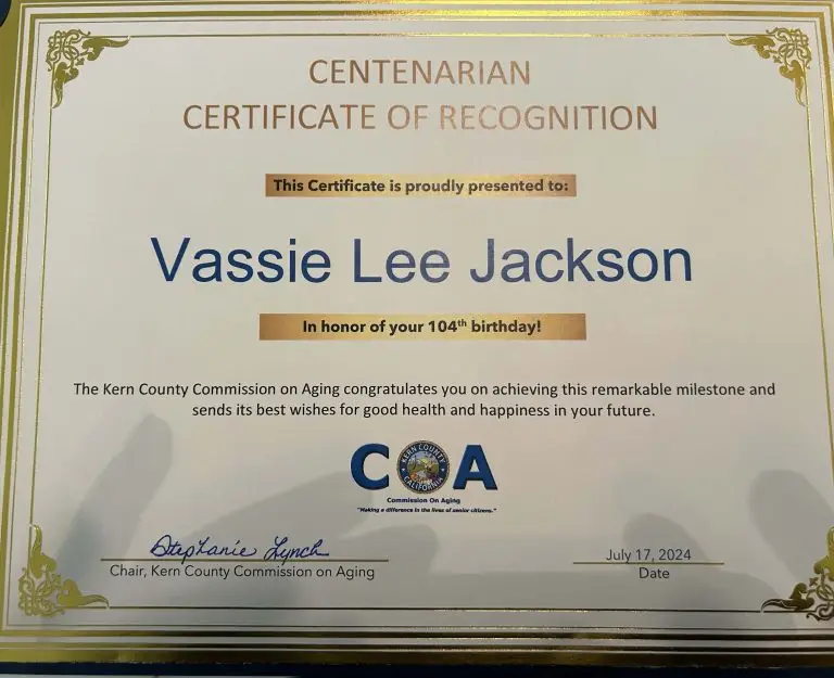 A certificate of recognition in honor of Mrs. Jackson by the Kern County Commission for Aging in 2024. (Courtesy Photo)