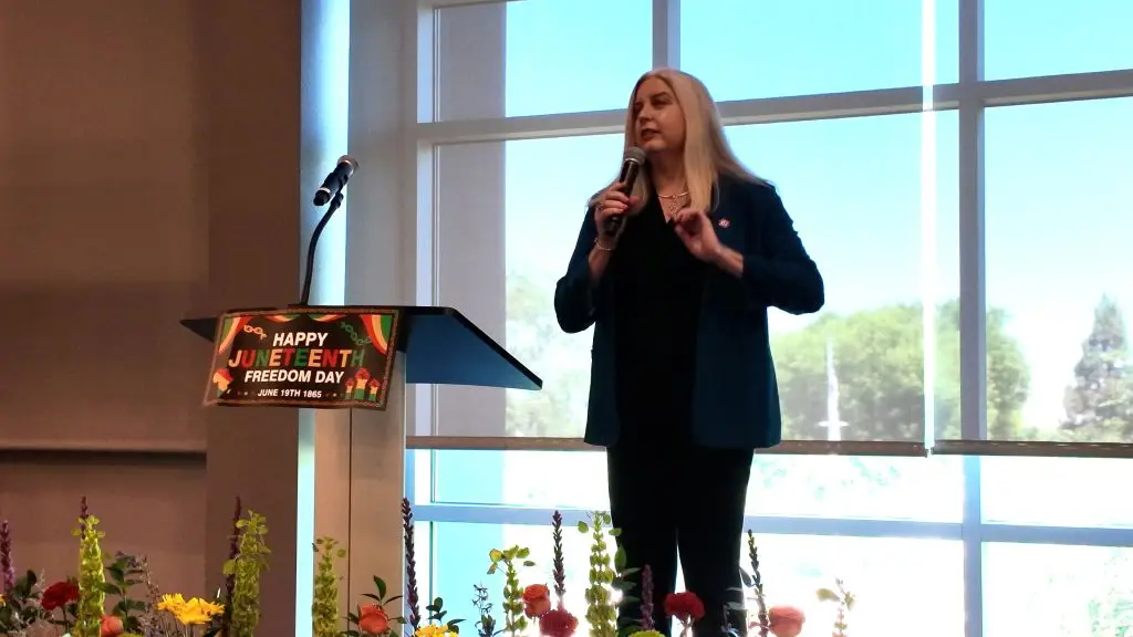Bakersfield College President Dr. Stacy Pfluger delivers opening remarks during the college’s 2026 Juneteenth celebration. Pfluger spoke on unity, justice and the continued importance of honoring Juneteenth. (Photo by Cecil Egbele)