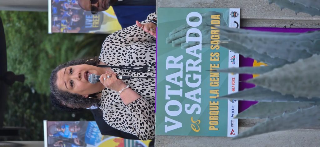 Kern County Registrar of Voters Aimee Espinoza outlines key election dates during the “Voting Is Sacred” press conference outside the Kern County Courthouse calling on residents to exercise their rights to vote (Photo Credit: Cecil Egbele)