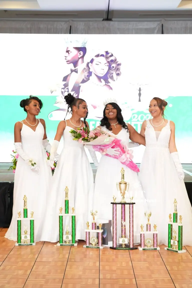 Miss Fashionetta 2026 Madisynn Brown (center) stands with fellow participants during the awards presentation at the Miss Fashionetta and Gents Program gala in Bakersfield. (Photo courtesy of Christa Hunt)