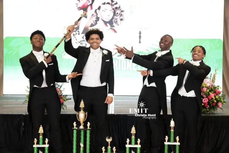 Participants in “The Gents” portion of the Miss Fashionetta and Gents Program pose during the gala, which highlights leadership, mentorship and academic achievement among high school students. (Photo courtesy of Christa Hunt)