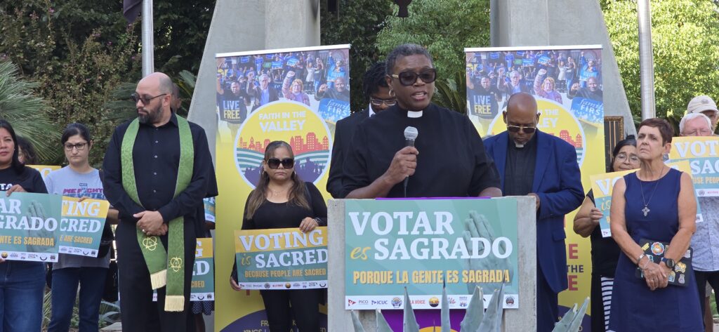 Pastor Darlene Williams of Vibrant City Church speaks during the “Voting Is Sacred” press conference outside the Kern County Courthouse in Bakersfield. She said If you fail to vote, you fail to speak. (Photo Credit: Cecil Egbele)