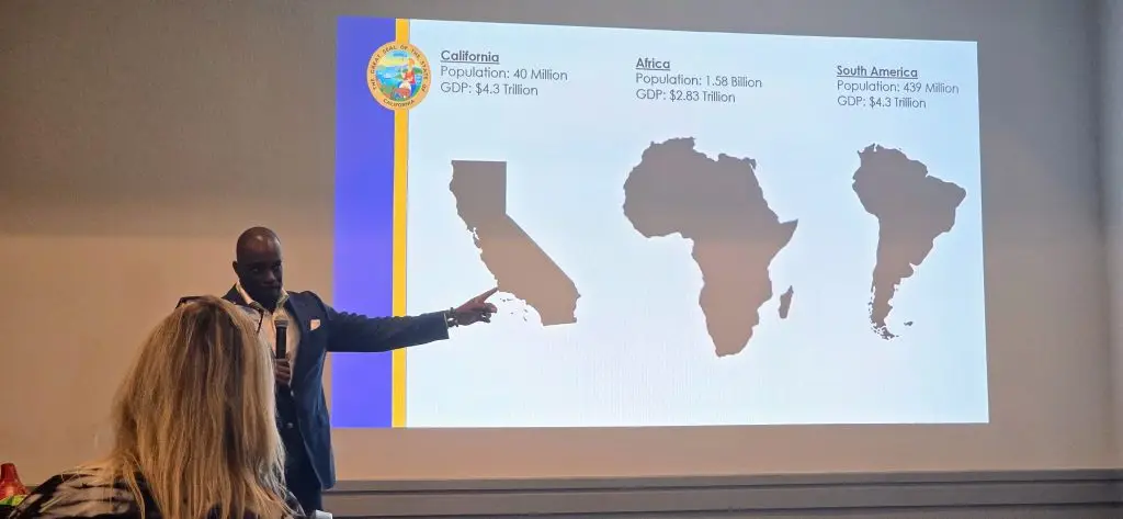 Secretary, California State Transportation Agency, Toks Omishakin explains California GDP in comparison with Africa and South America (Photo Credit: Cecil Egbele)